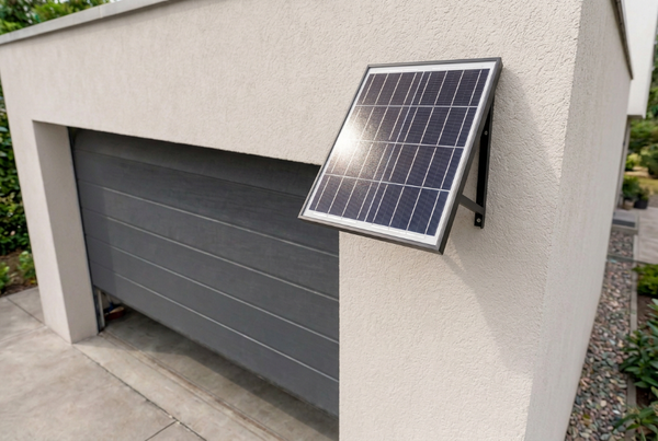 Pannello solare in primo piano con garage sullo sfondo
